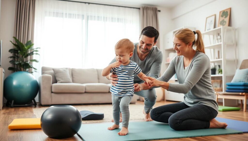 والدان يساعدان طفلهما على أداء تمارين العلاج الطبيعي في المنزل والدان يساعدان طفلهما على أداء تمارين العلاج الطبيعي في المنزل