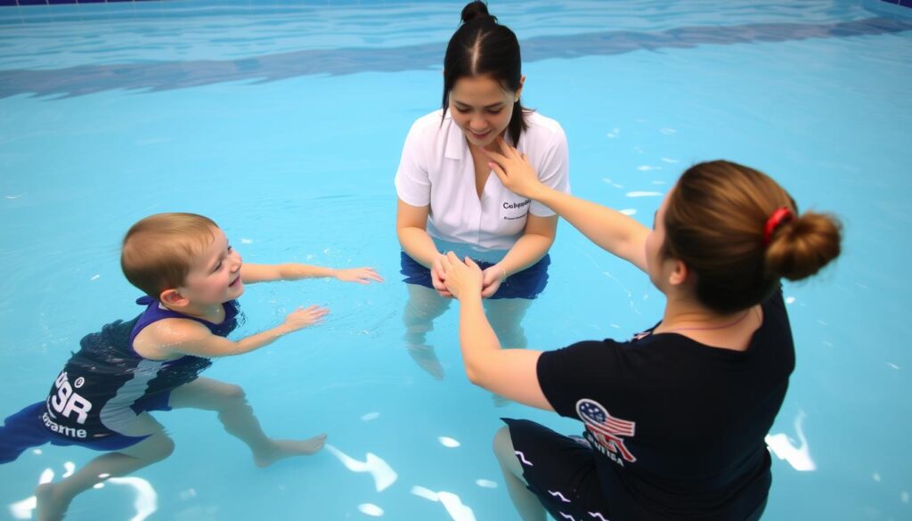 ولي أمر يشارك في جلسة العلاج المائي لطفله مع أخصائي العلاج الطبيعي